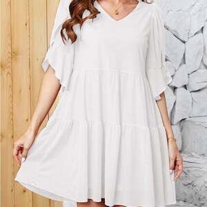NEW White Tiered Half Sleeve VNeck Ruffle Tunic $49 Mini Shift Bridal Dress S
